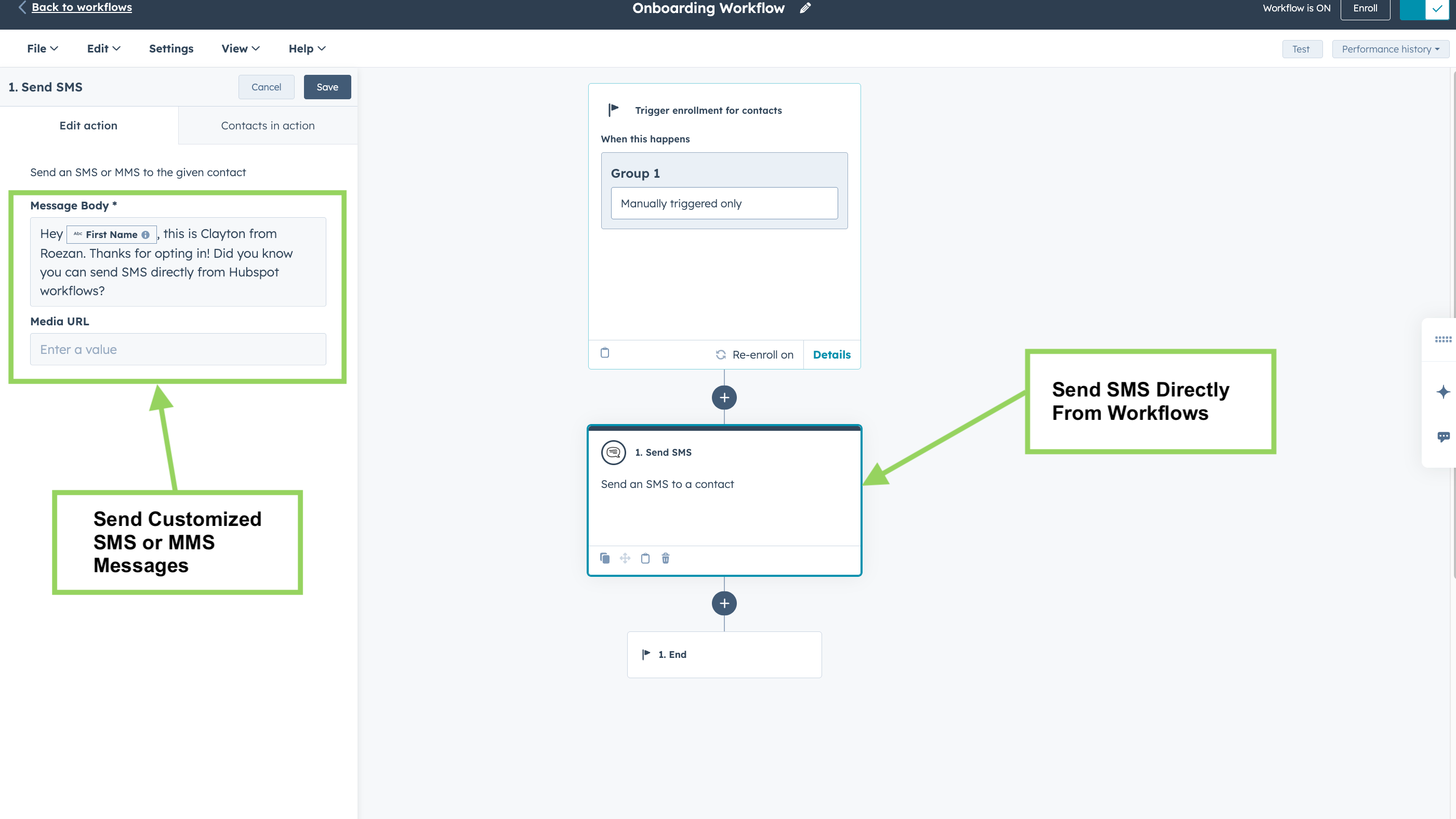Send customized SMS or MMS text messages directly from workflows